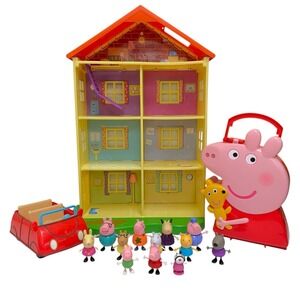 Vintage 2003 Peppa Pig HUGE LOT Family Home w/ 12 Figs, Car & Case WORKS!